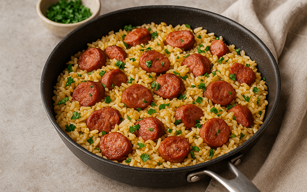 Arroz com Linguiça toscana feito em uma panela. Receita Fácil e Pratica.