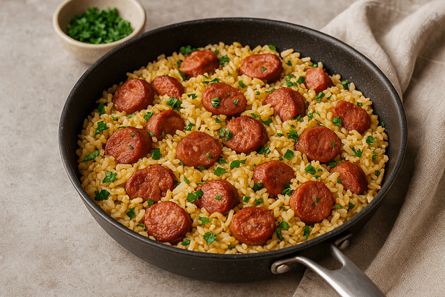 Arroz com Linguiça toscana feito em uma panela. Receita Fácil e Pratica. 1 arroz em uma só panela